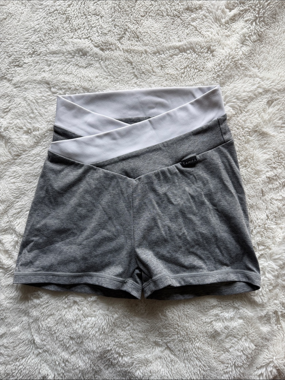 Tahira Gray Athletic cross Over Waist Shorts with White Waistband